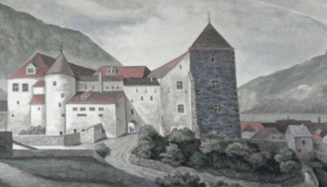Bischöfliches Schloss im 19. Jh. (Wandgemälde im Rittersaal)